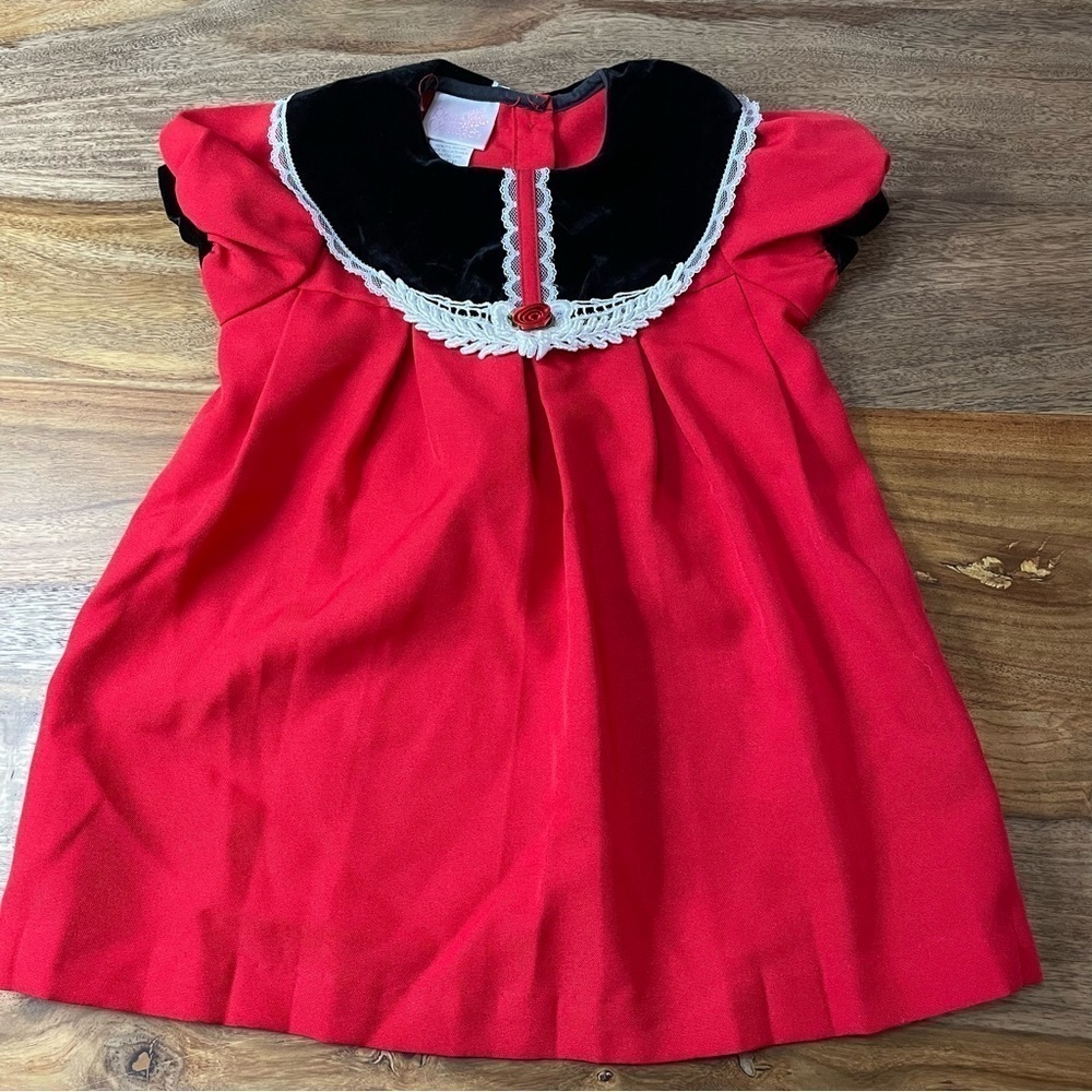 Rose Cottage 80’s‎ Red Pleated Dress Black Velvet White Lace and Rosette sz 2T
